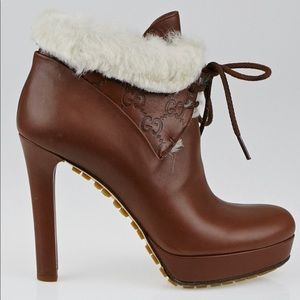 > Gucci Brown Leather and Faux Fur Trim Shield Ankle Boots
